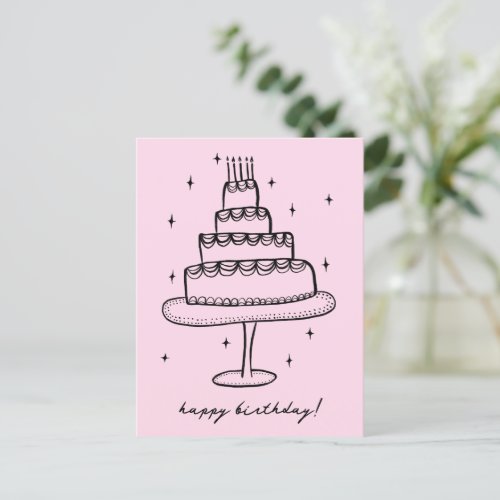 Happy Birthday Cake Whimsical Sketch Doodle  Postcard