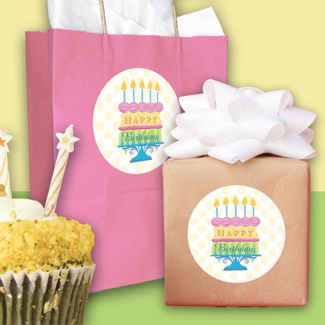 Happy Birthday Cake with yellow dots Round Sticker (Creator Uploaded)