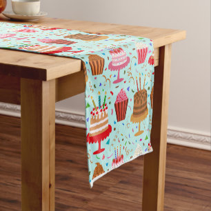  Happy Birthday Cakes and Cupcakes on blue  Short Table Runner