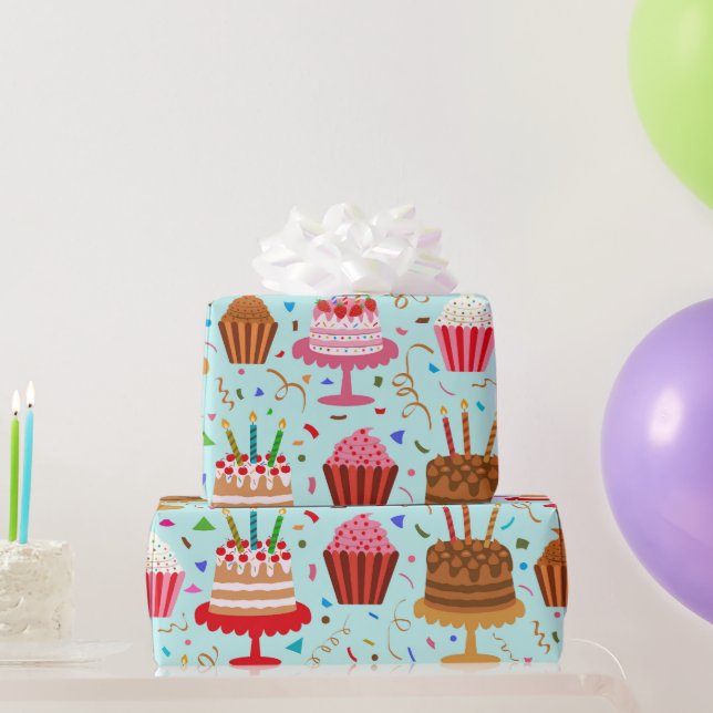 Happy Birthday Cakes and Cupcakes Pattern on blue  Wrapping Paper (Party Gifts)