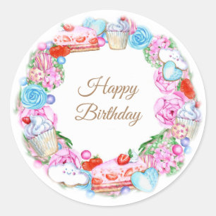 Happy birthday cakes and sweets classic round sticker