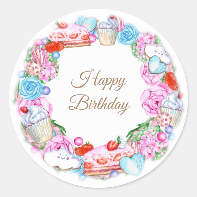 Happy birthday cakes and sweets classic round sticker (Front)
