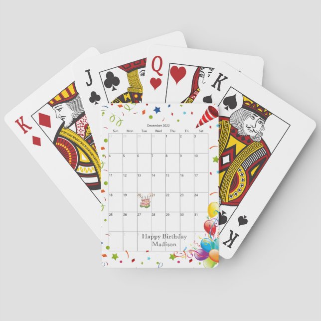 Happy Birthday Calendar December 2022  Poker Cards (Back)