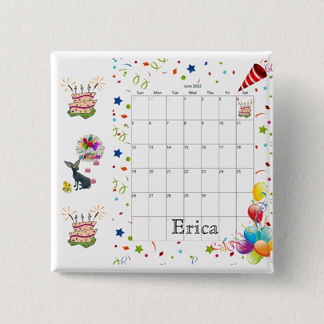Happy Birthday Calendar June 2022 Button  (Front)
