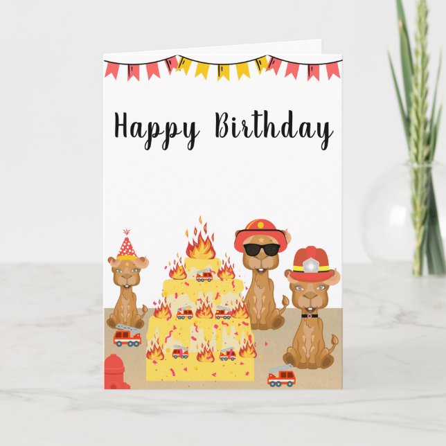 happy birthday   camel  firefighters yellow cake  card (Front)