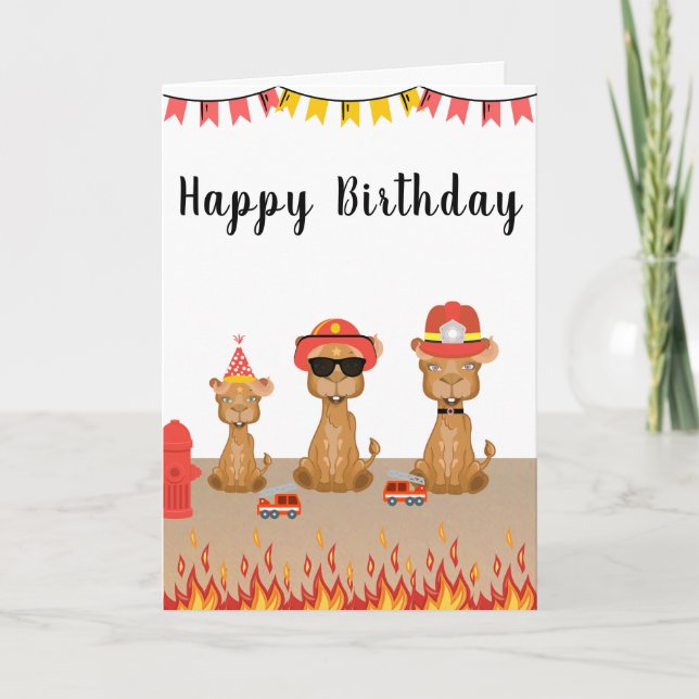 happy birthday   camel  firefighters yellow cake   card (Front)