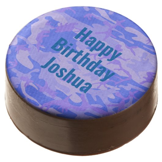 Happy Birthday Camouflage Pastel Blue Abstract Chocolate Covered Oreo (Angled)
