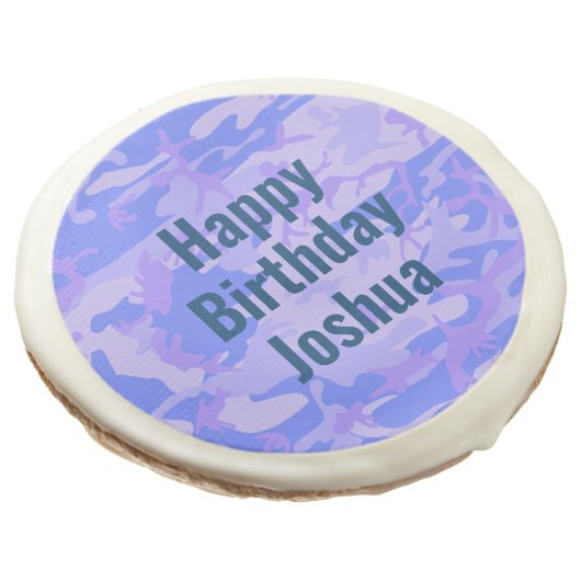 Happy Birthday Camouflage Pastel Blue Abstract Sugar Cookie (Angled)