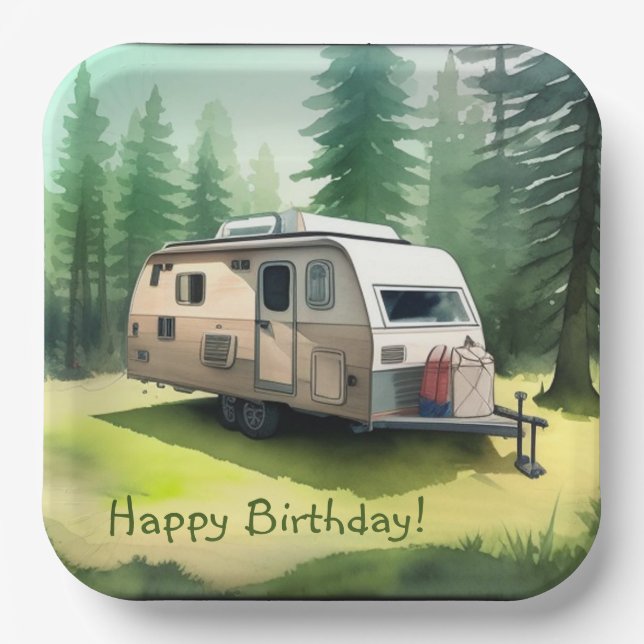 Happy Birthday Camping Paper Plates (Front)