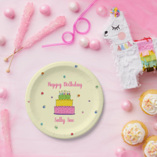 Happy Birthday Candle Colorful Cake Confetti Party Paper Plates