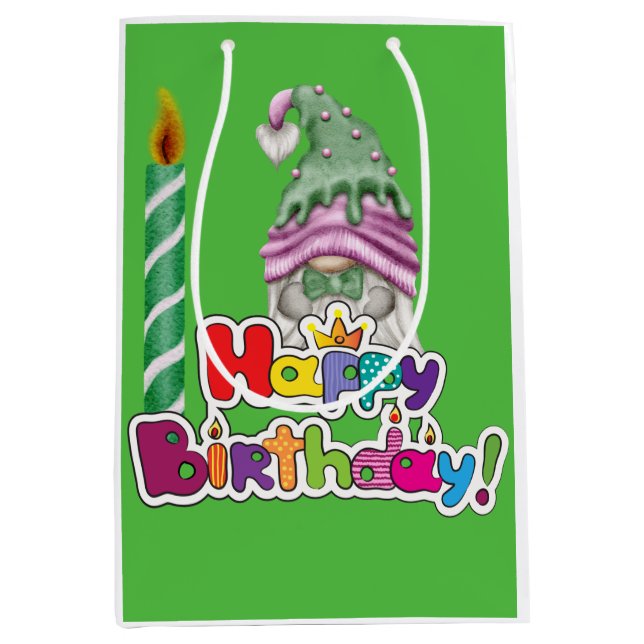Happy Birthday Candle Gnome Medium Gift Bag (Front)