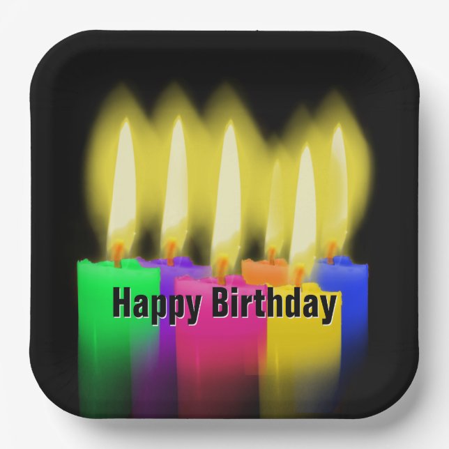 Happy Birthday Candles On Black   Paper Plates (Front)