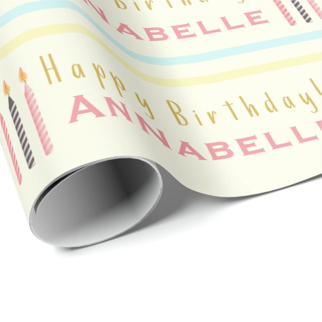 Happy Birthday Candles Repeat Girl's Name Wrapping Paper (Roll Corner)