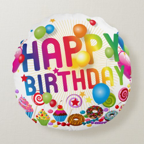 Happy Birthday Candy and Balloons Round Pillow