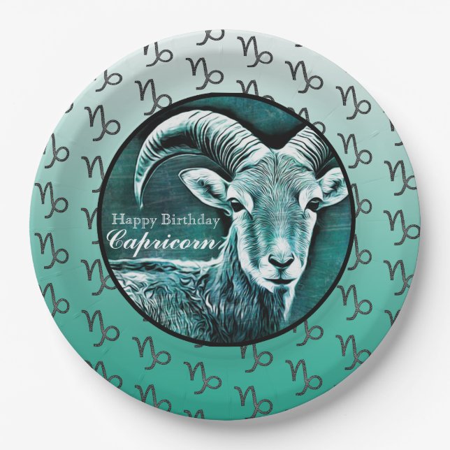 Happy Birthday Capricorn Horoscope Zodiac Goat Paper Plates (Front)
