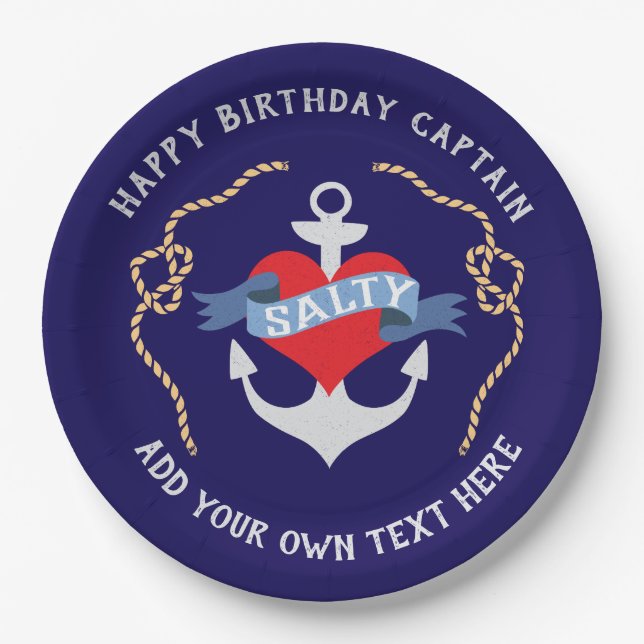 Happy Birthday Captain Old Salt Anchor Paper Plates (Front)