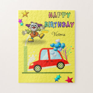 Happy Birthday Car Clown Stars Blue Hearts Jigsaw Puzzle