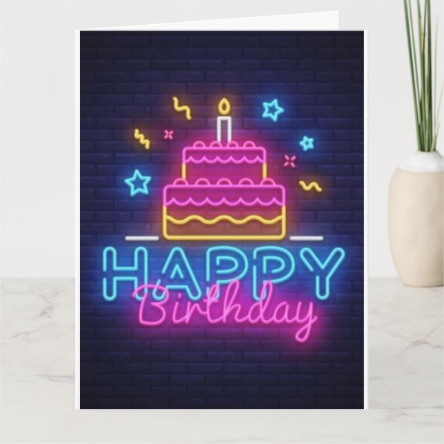 Happy Birthday Card - Birthday Cake Neon Lights (Front)