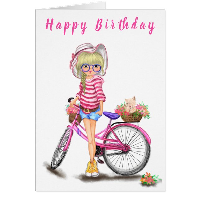 Happy Birthday Card Blond Girl with Pink Bike (Front)