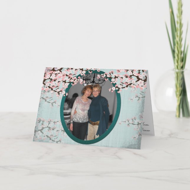 Happy Birthday Card - Cherry Blossom Vintage Teal (Front)