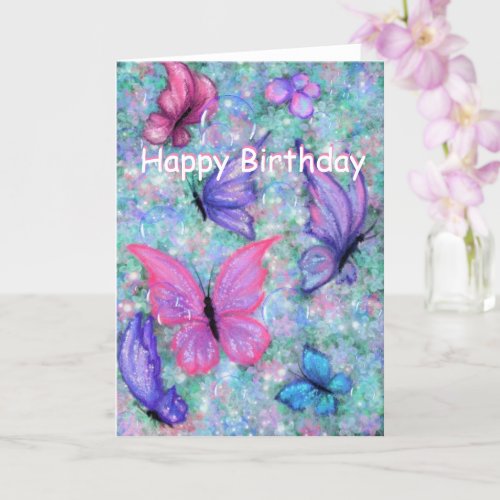 Happy Birthday Card Colorful Butterflies Flying