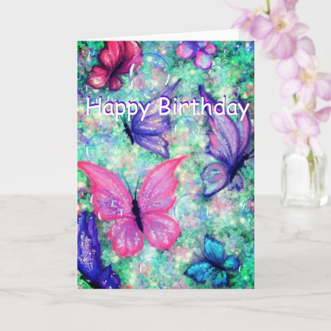 Happy Birthday Card Colorful Butterflies Flying (Orchid)
