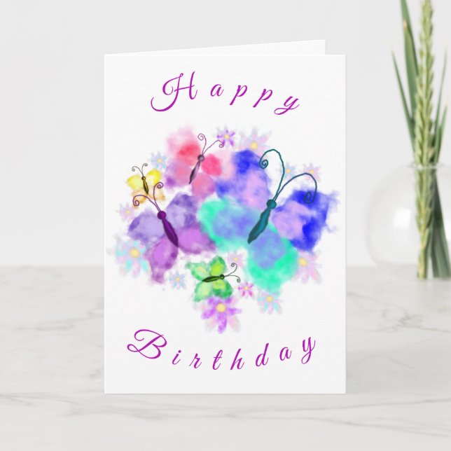 Happy Birthday card Colorful Butterflies Painting (Front)