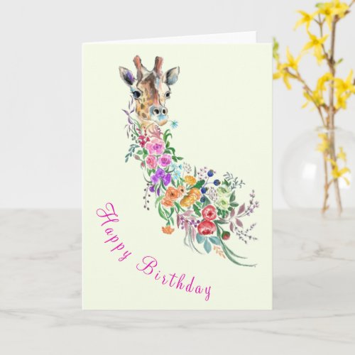 Happy Birthday Card Colorful Flowers Giraffe