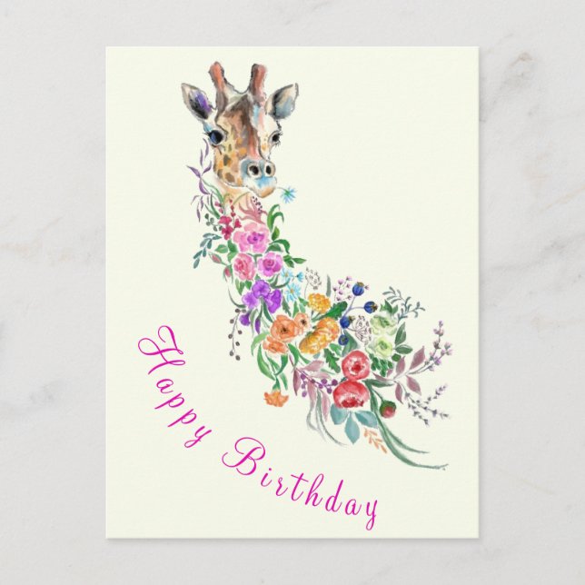 Happy Birthday Card Colorful Flowers Giraffe (Front)