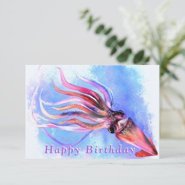 Happy Birthday Card Colorful Squid - Painting (Standing Front)