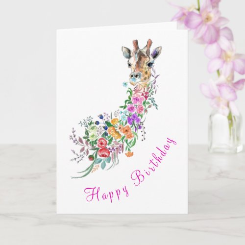 Happy Birthday Card Flowers Bouquet Giraffe