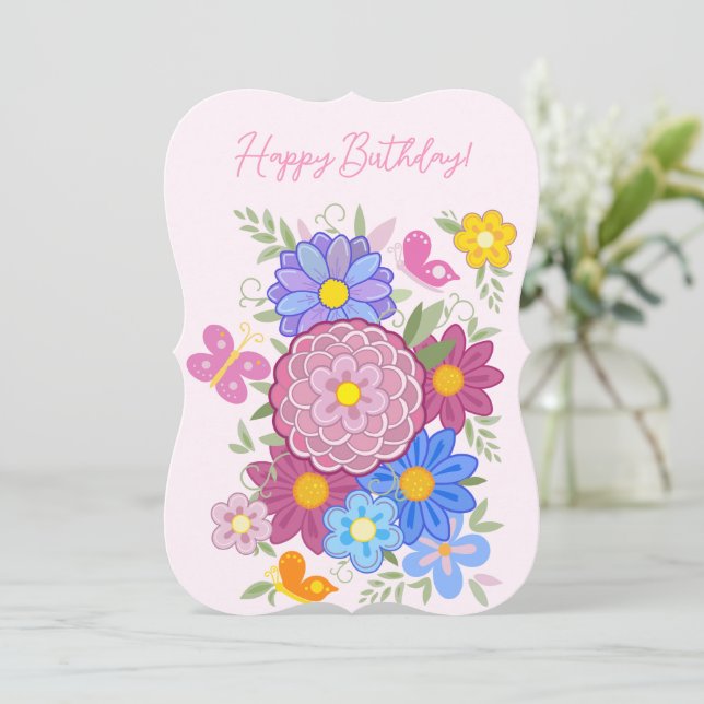 Happy Birthday! card flowers butterfly and birds  (Standing Front)