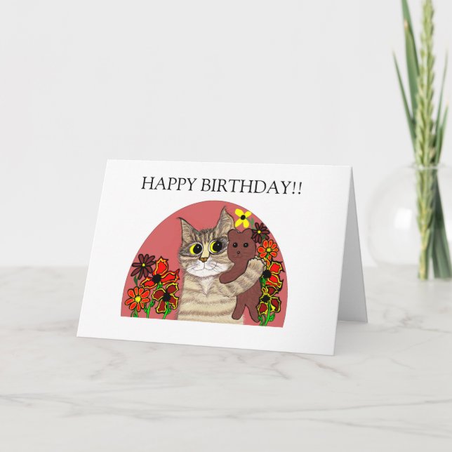 happy birthday card for children cat holding teddy (Front)