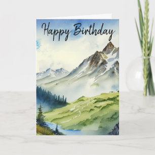 Happy Birthday Card For Him, Watercolor Mountains