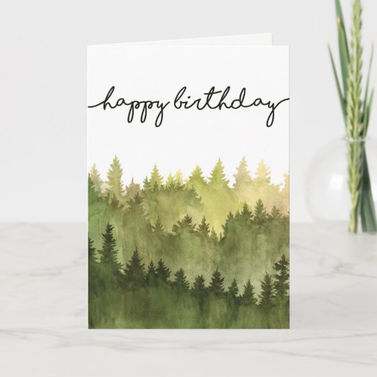 Happy Birthday Card for Him, Watercolor Pine Trees