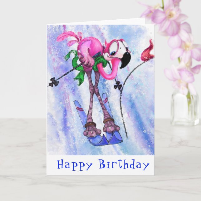 Happy Birthday Card Funny Pink Flamingo Skier (Orchid)