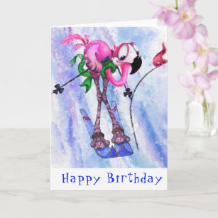 Happy Birthday Card Funny Pink Flamingo Skier