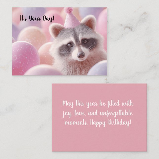 Happy Birthday Card "Funny Raccoon and Balloons"  (Front/Back)