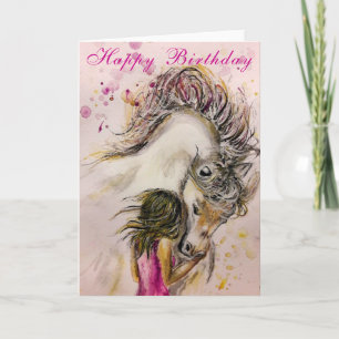 Happy Birthday Card Girl with Horse - Painting