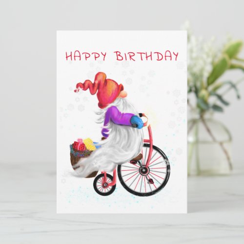 Happy Birthday Card Gnome with Bike and Gifts