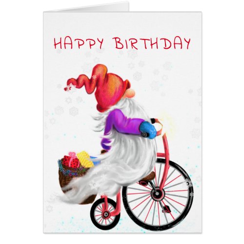 Happy Birthday Card Gnome with Bike and Gifts