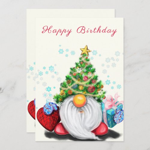 Happy Birthday Card Gnome with Christmas Tree Hat
