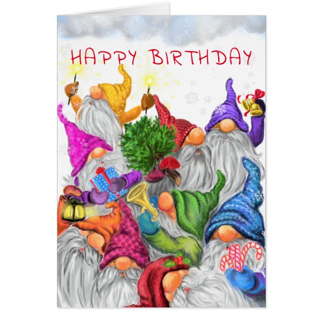 Happy Birthday Card Gnomes Paty Fun (Front)