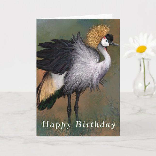 Happy Birthday Card Gray Crowned Crane Bird (Small Plant)