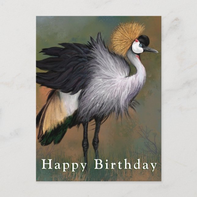 Happy Birthday Card Grey Crowned Crane Bird (Front)