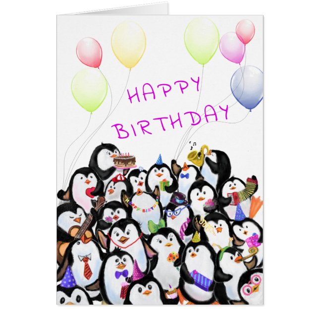 Happy Birthday Card Happy Penguins Party (Front)
