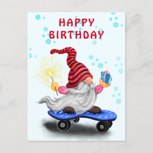 Happy Birthday Card Happy Skater Gnome with Gifts