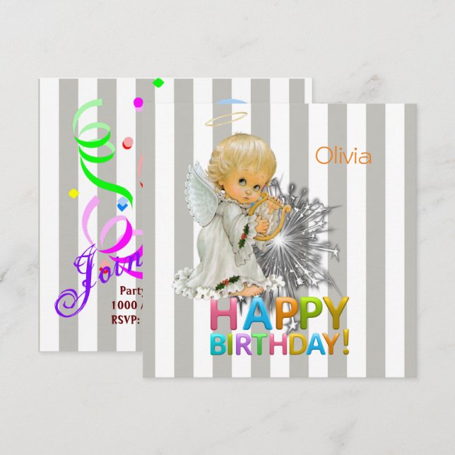 Happy Birthday Card Invitation Angel (Front/Back)