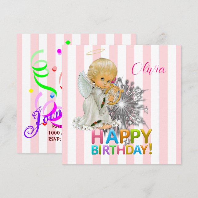 Happy Birthday Card Invitation Angel Pink (Front/Back)