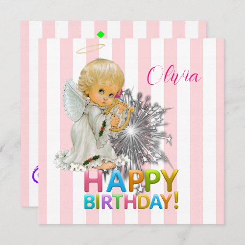 Happy Birthday Card Invitation Angel Pink